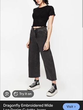 Disturbia Dragonfly Embroidered Wide Leg Jeans - Black